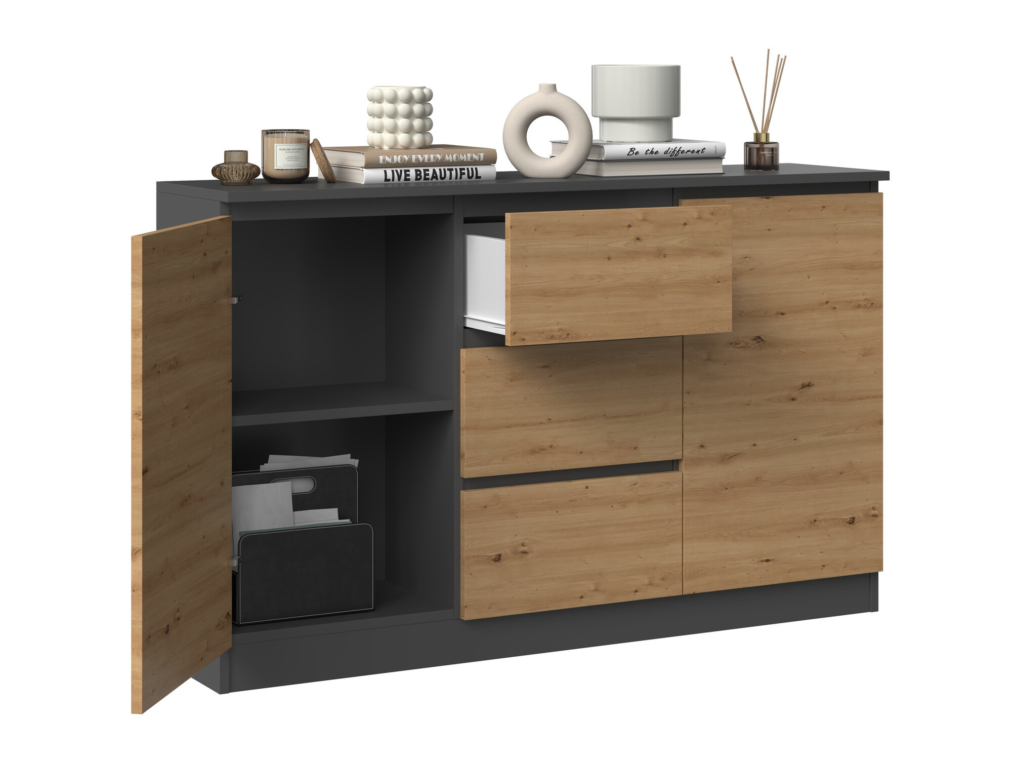Ladekast Elbvelu 112 (Antraciet + Artisan eiken)