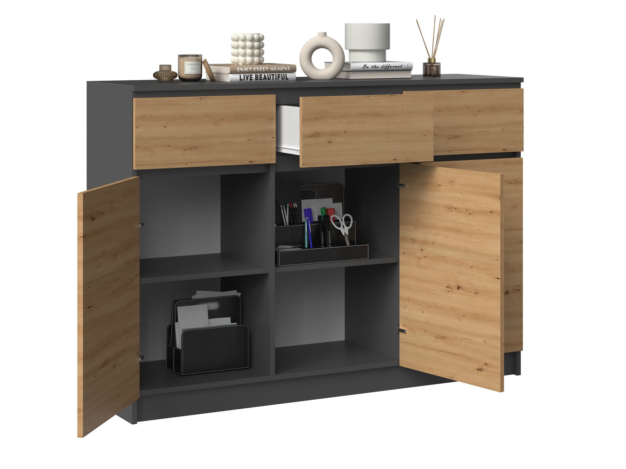 Ladekast Elbvelu 115 (Antraciet + Artisan eiken)