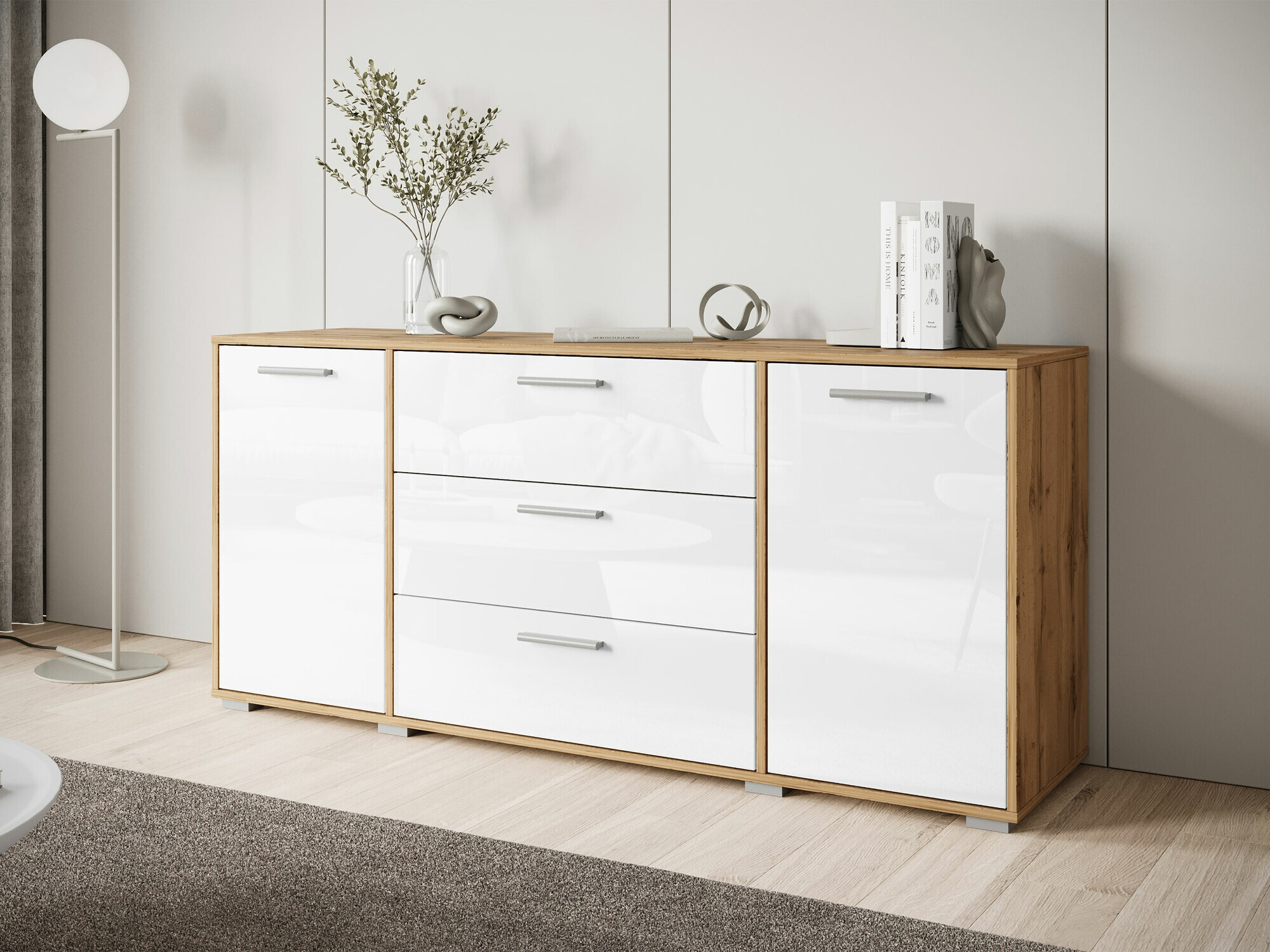 Ladekast Sarasota 174 (Wotan eik + Glanzend wit)