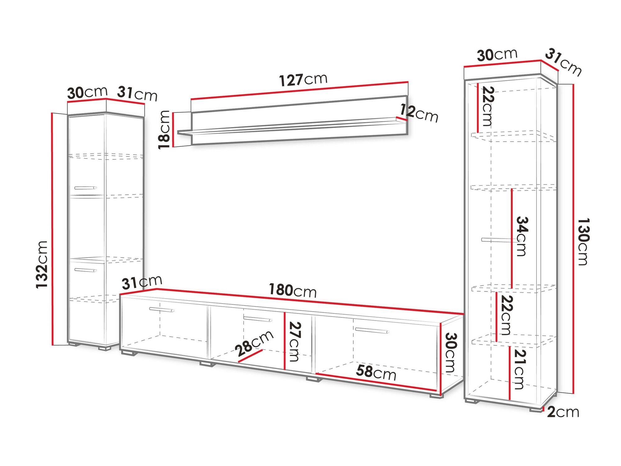 Woonkamerset Sarasota 175 (Matera grijs + Glanzend wit)