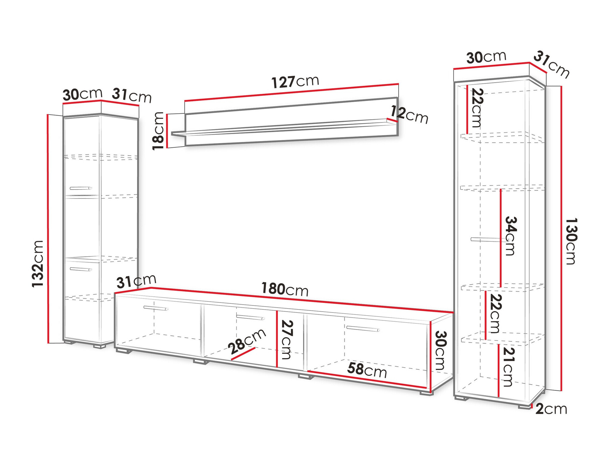 Woonkamerset Sarasota 175 (Zwart + Wotan eik)