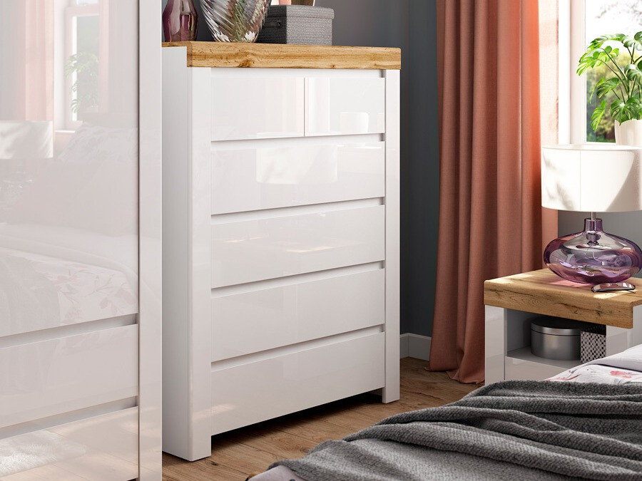 Ladekast Sonsoru 114 (Wit + Glanzend wit + Wotan eik)