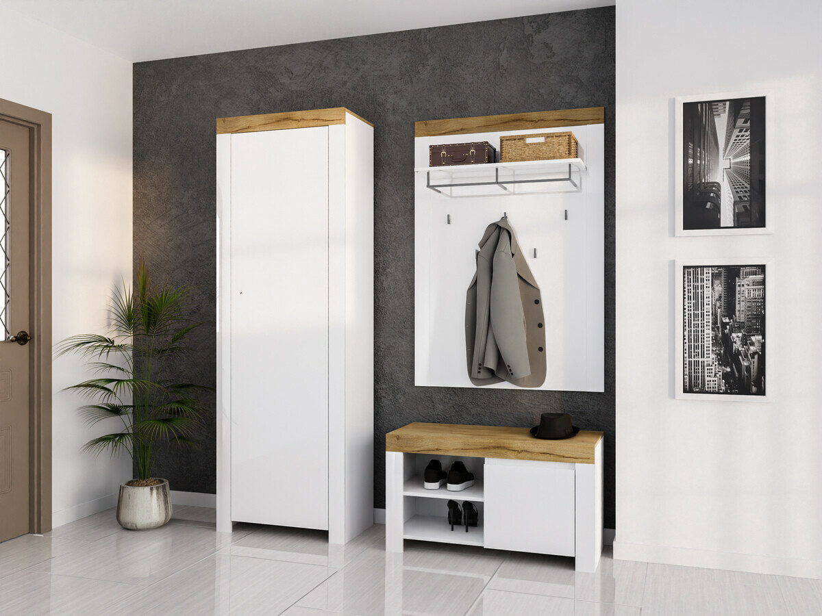 Schoenenkast Sonsoru 118 (Wit + Glanzend wit + Wotan eik)