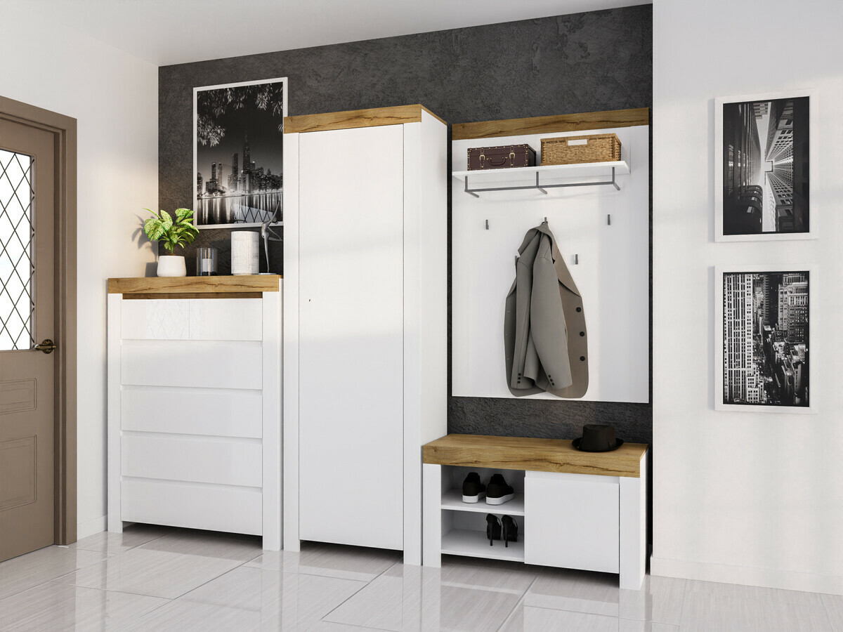 Schoenenkast Sonsoru 118 (Wit + Glanzend wit + Wotan eik)