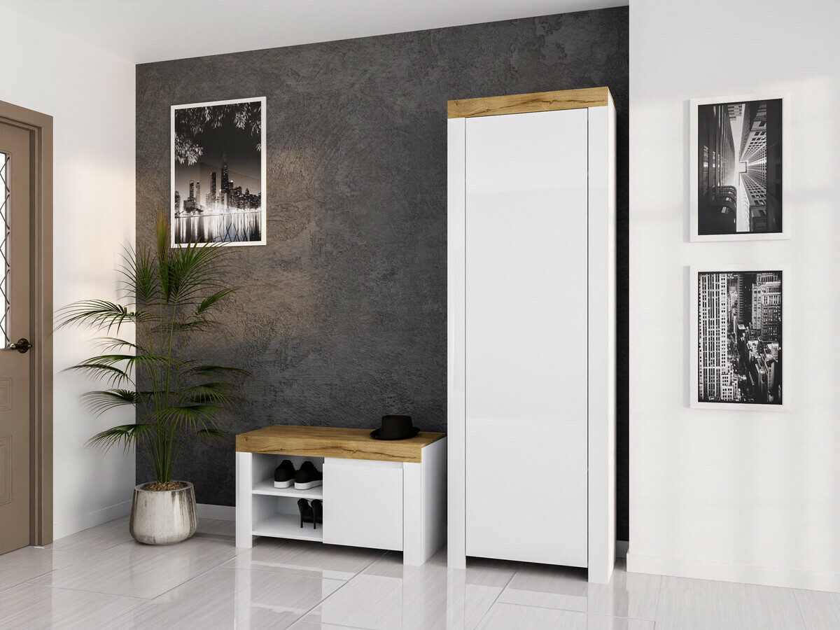 Schoenenkast Sonsoru 118 (Wit + Glanzend wit + Wotan eik)