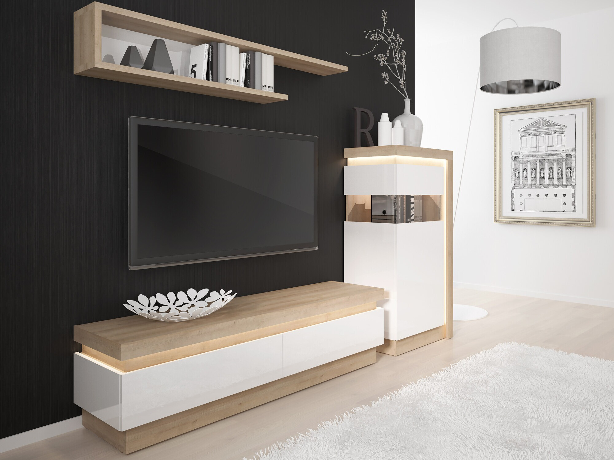 TV-meubel Feldeli 101 (Riviera eiken + Glanzend wit)