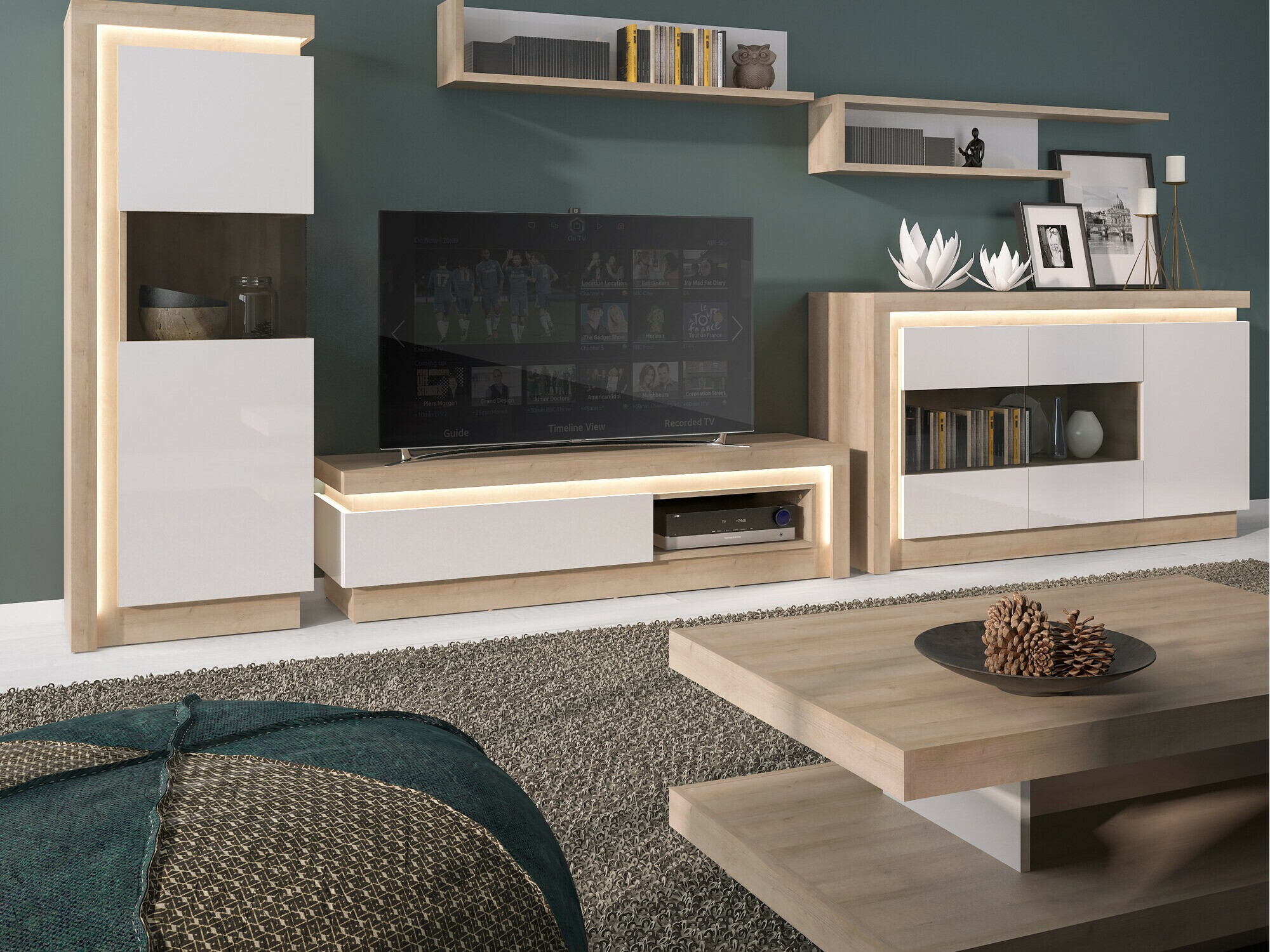 TV-meubel Feldeli 102 (Riviera eiken + Glanzend wit)