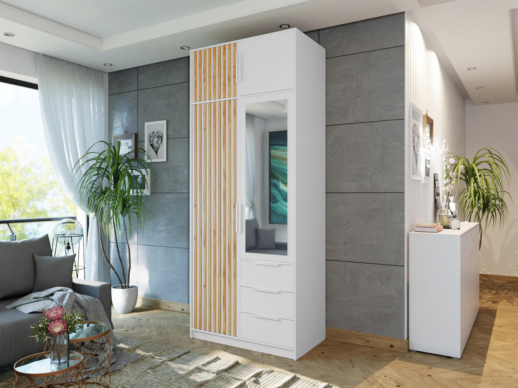 Kledingkast Enolevo 104 (Wit + Wotan eik)