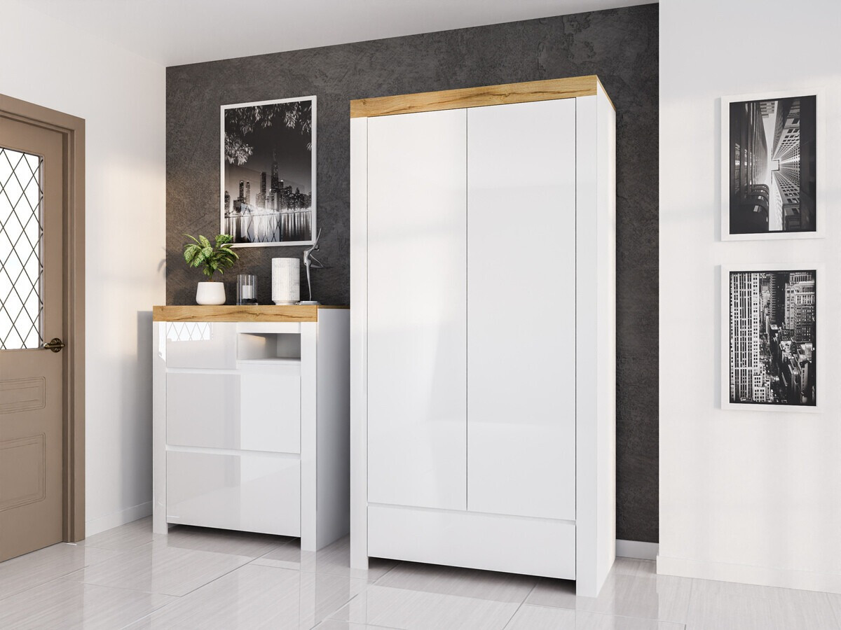 Schoenenkast Sonsoru 119 (Wit + Glanzend wit + Wotan eik)