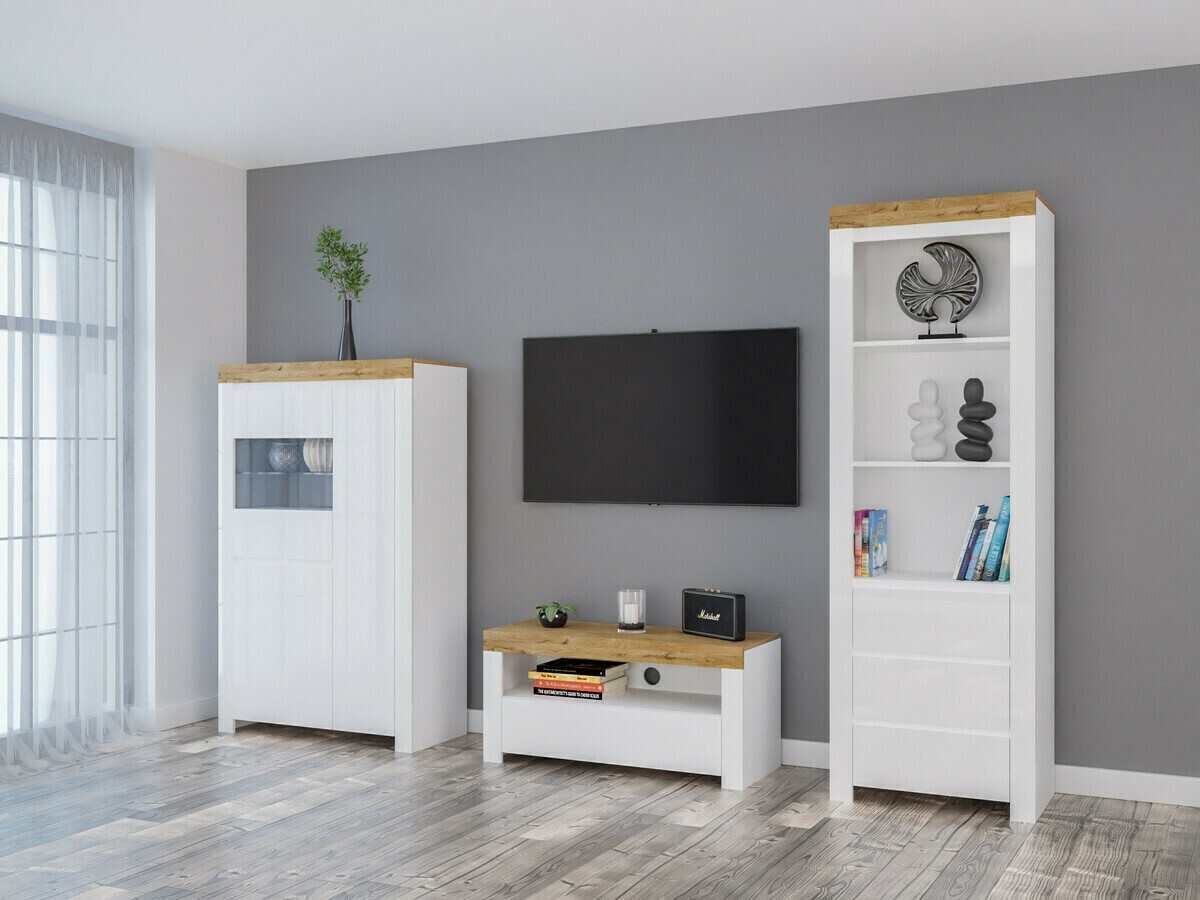 Boekenkast Sonsoru 105 (Wit + Glanzend wit + Wotan eik)