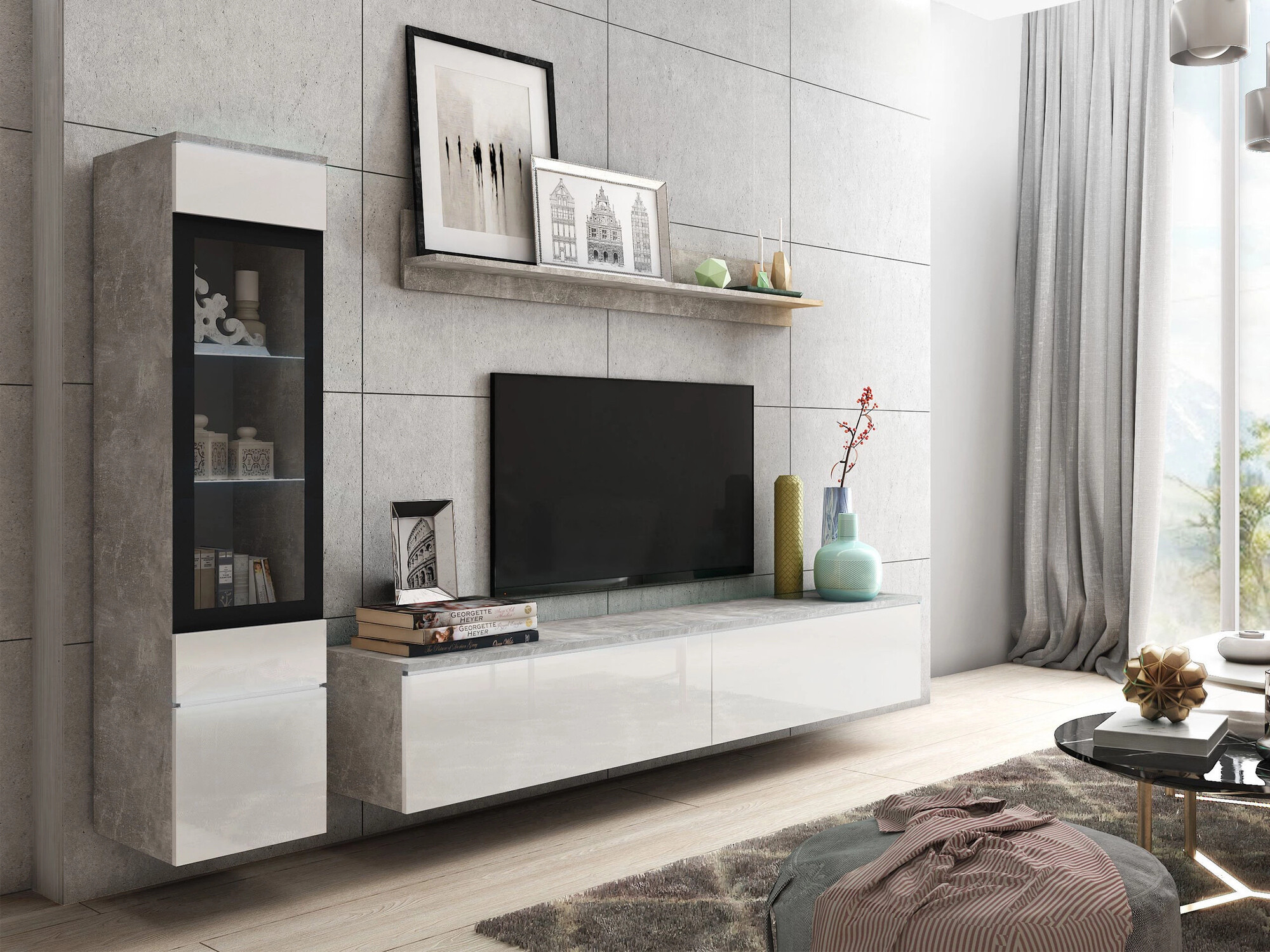 Woonkamerset Sarasota 125 (Beton + Glanzend wit)