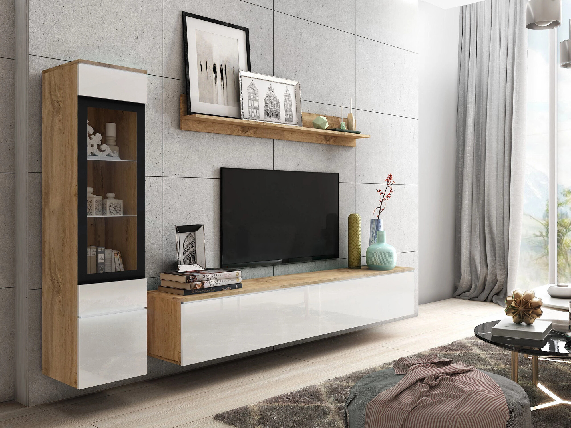 Woonkamerset Sarasota 125 (Wotan eik + Glanzend wit)