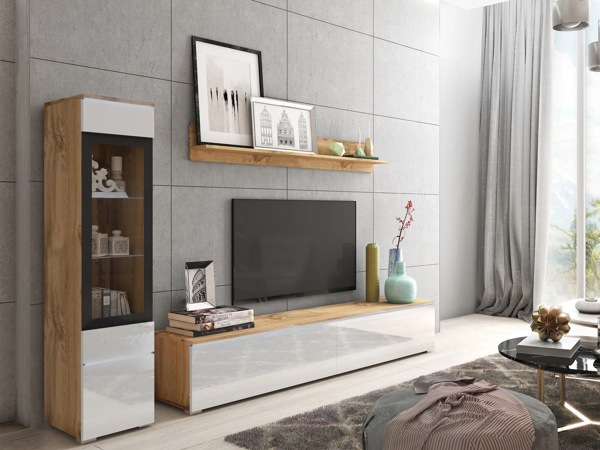 Woonkamerset Sarasota 125 (Wotan eik + Glanzend wit)