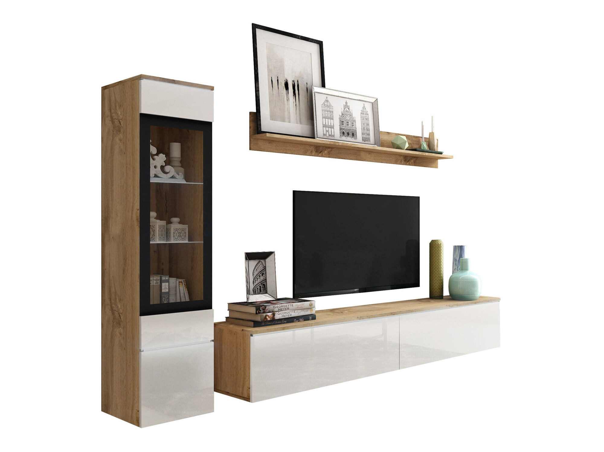 Woonkamerset Sarasota 125 (Wotan eik + Glanzend wit)