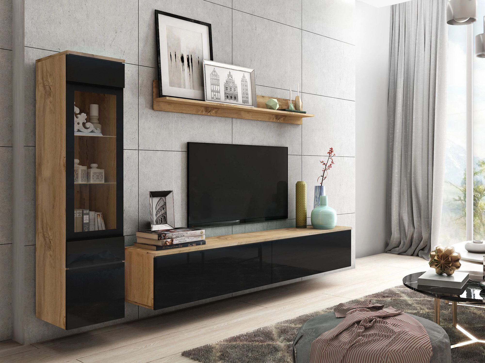 Woonkamerset Sarasota 125 (Wotan eik + Glanzend zwart)
