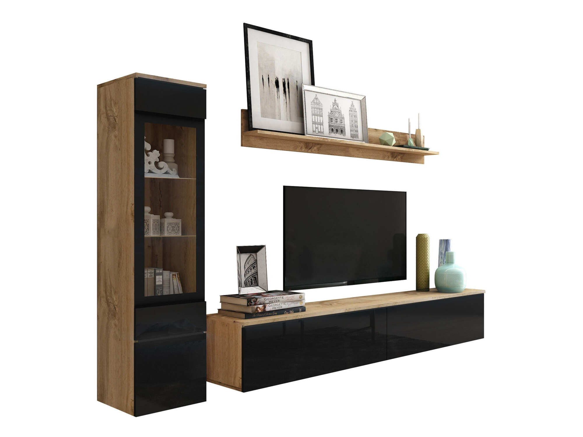 Woonkamerset Sarasota 125 (Wotan eik + Glanzend zwart)