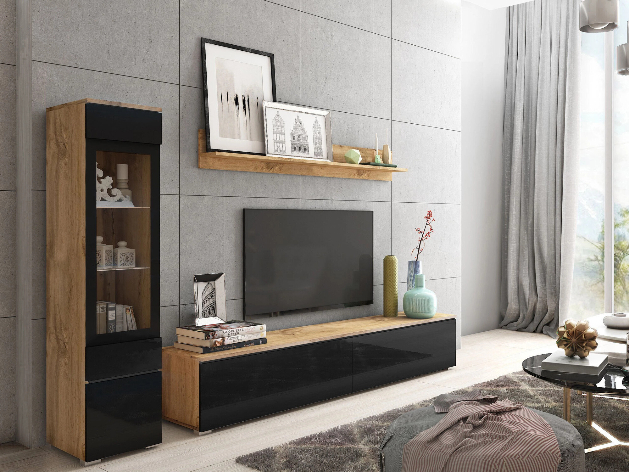 Woonkamerset Sarasota 125 (Wotan eik + Glanzend zwart)