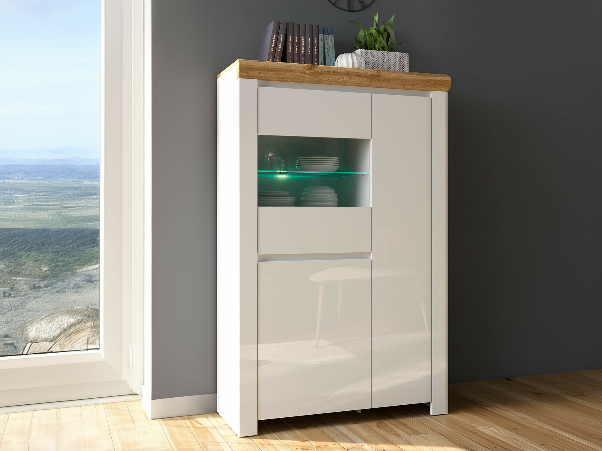 Boekenkast Sonsoru 105 (Wit + Glanzend wit + Wotan eik)