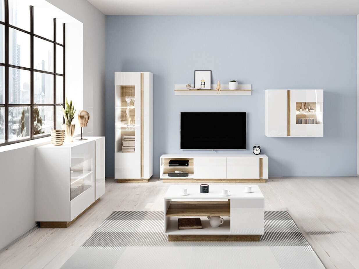 Woonkamerset Novbela 114 (Wit + Glanzend wit + Kleinzoon eik)