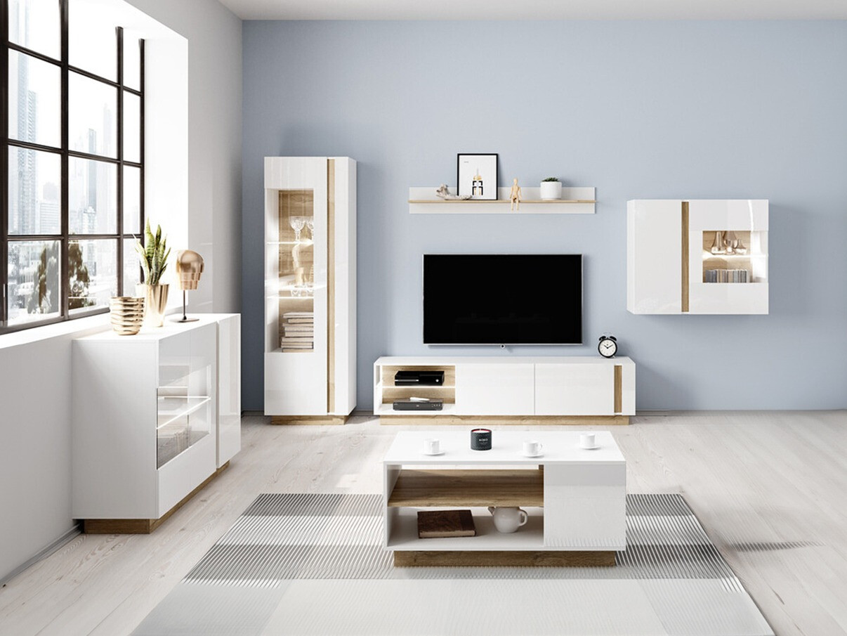 Woonkamerset Novbela 114 (Wit + Glanzend wit + Kleinzoon eik)
