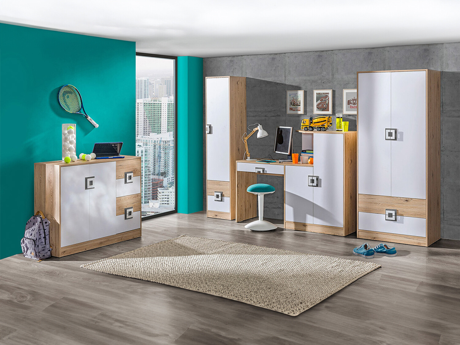 De reeks van de kinderkamer Balvire 114 (Licht eiken + Wit + Grijs)