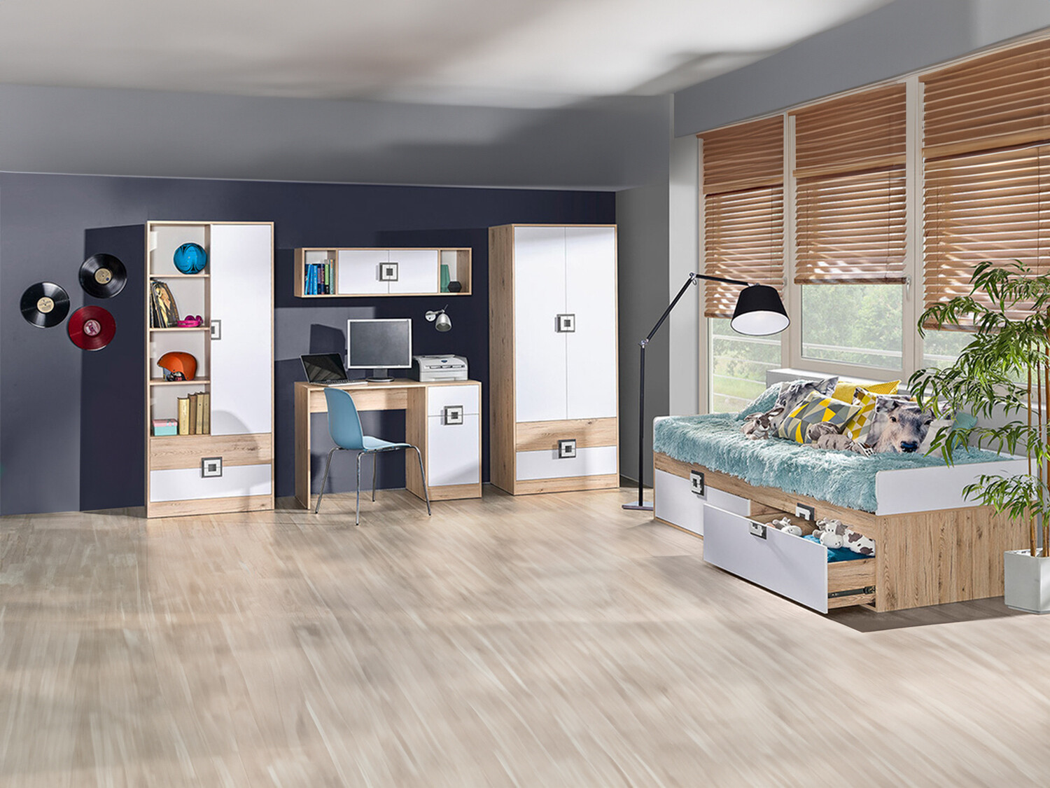 De reeks van de kinderkamer Balvire 116 (Licht eiken + Wit + Grijs)