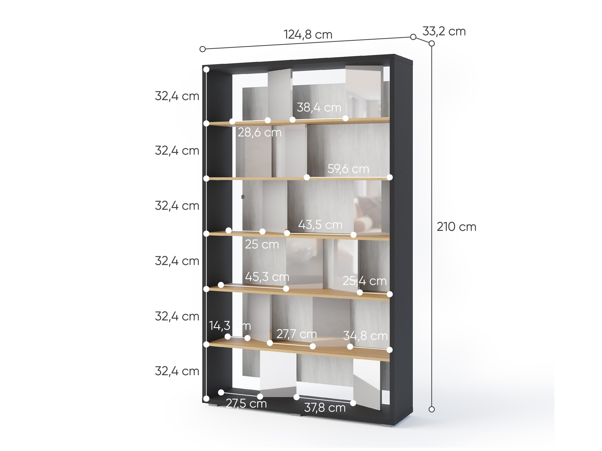 Boekenkast Fresno 154 (Glanzend grijs + Grafiet + Eiken)