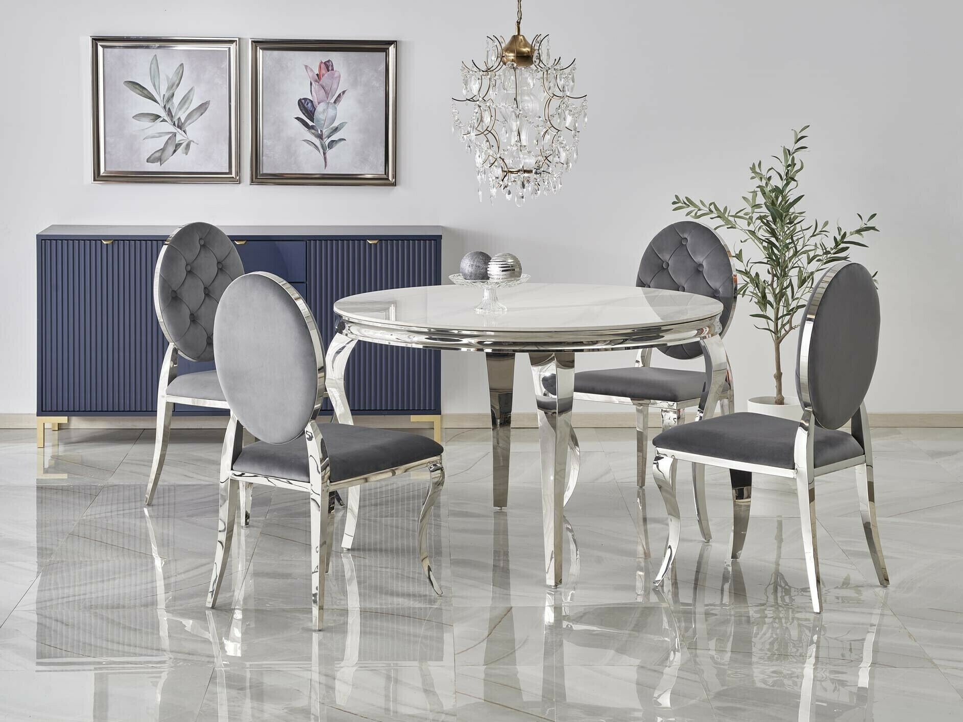 Eetkamerset Houston 1828 (Wit marmer + Grijs)