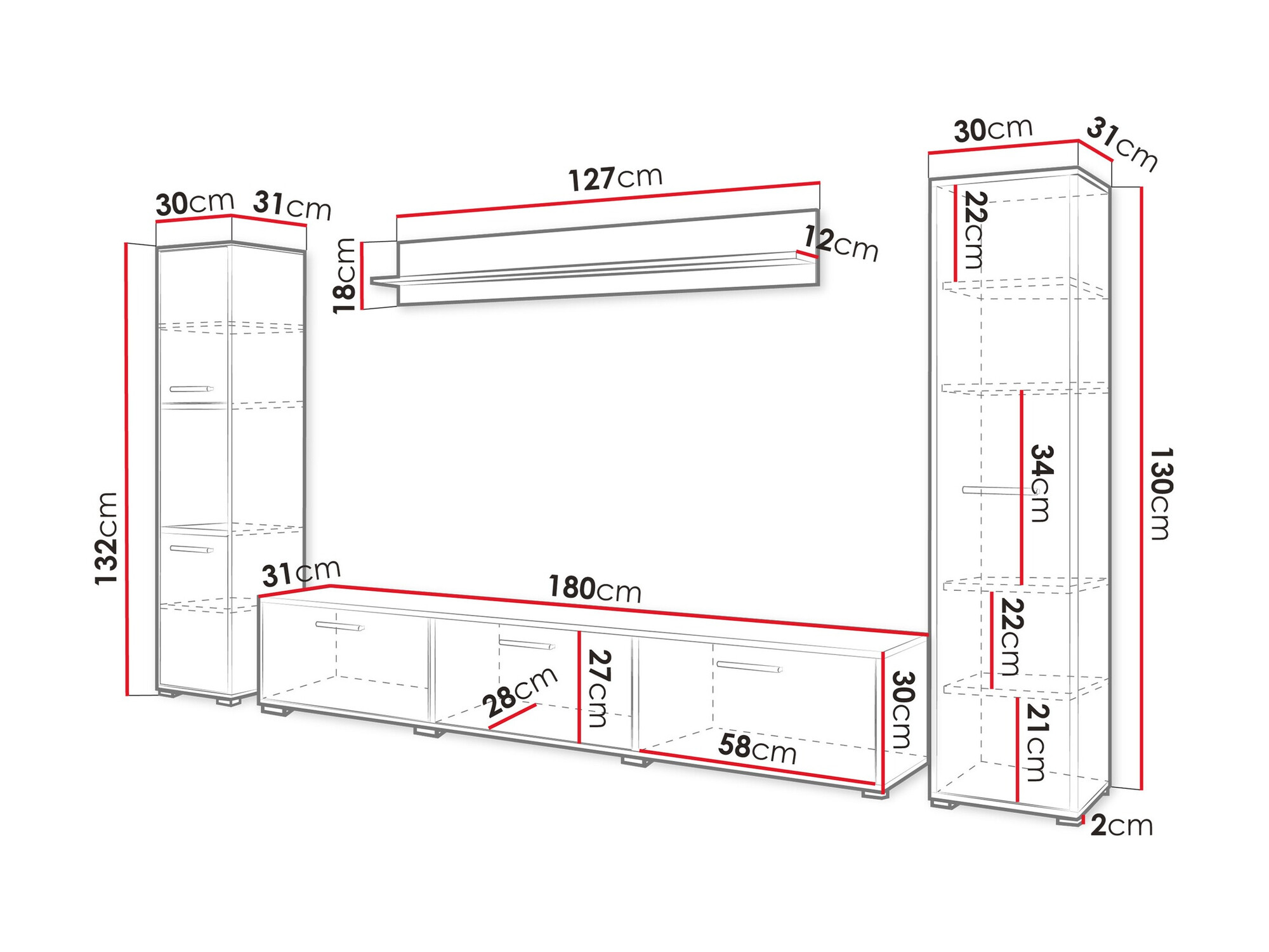 Woonkamerset Sarasota 175 (Wit + Glanzend wit)