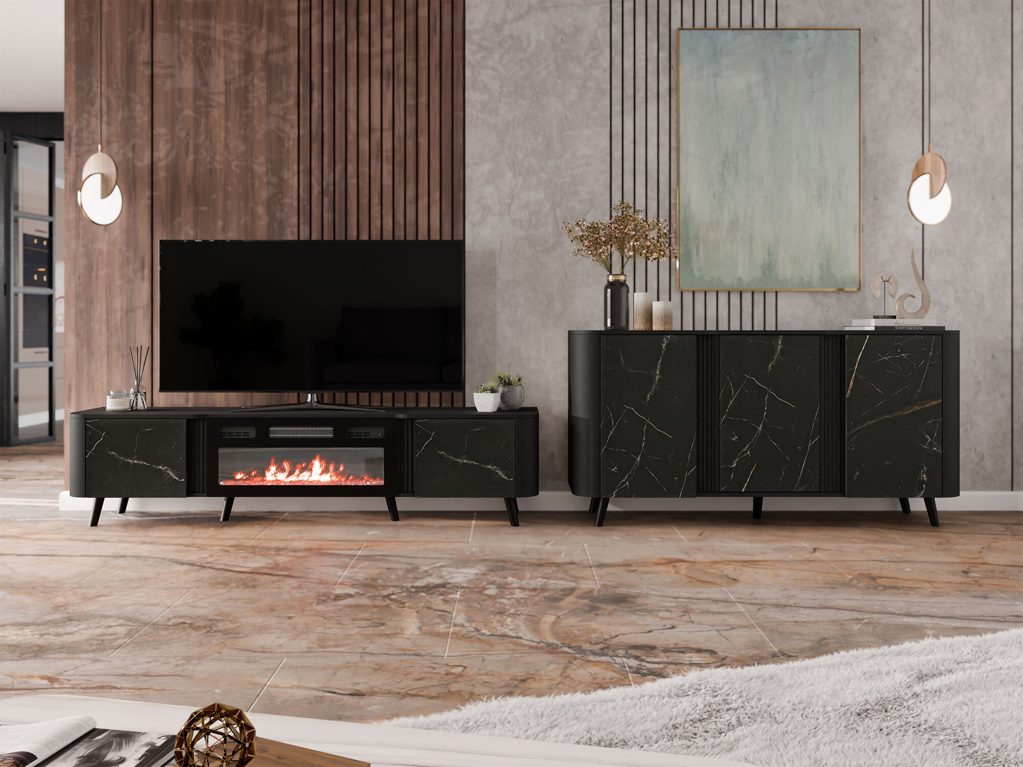 Dressoir Charlotte 201 (Zwart + Zwart marmer)