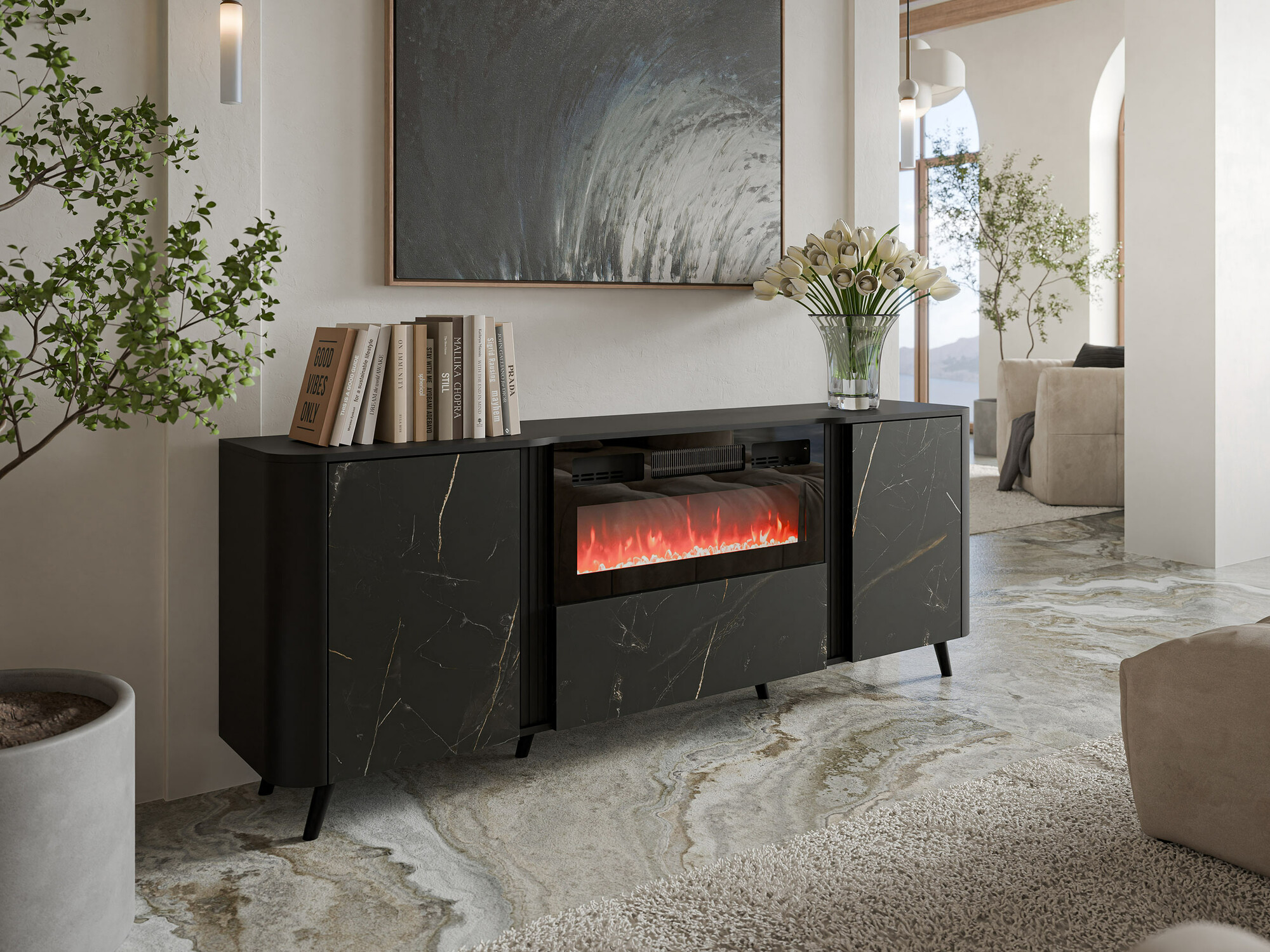 Dressoir Charlotte 202 (Zwart + Zwart marmer)