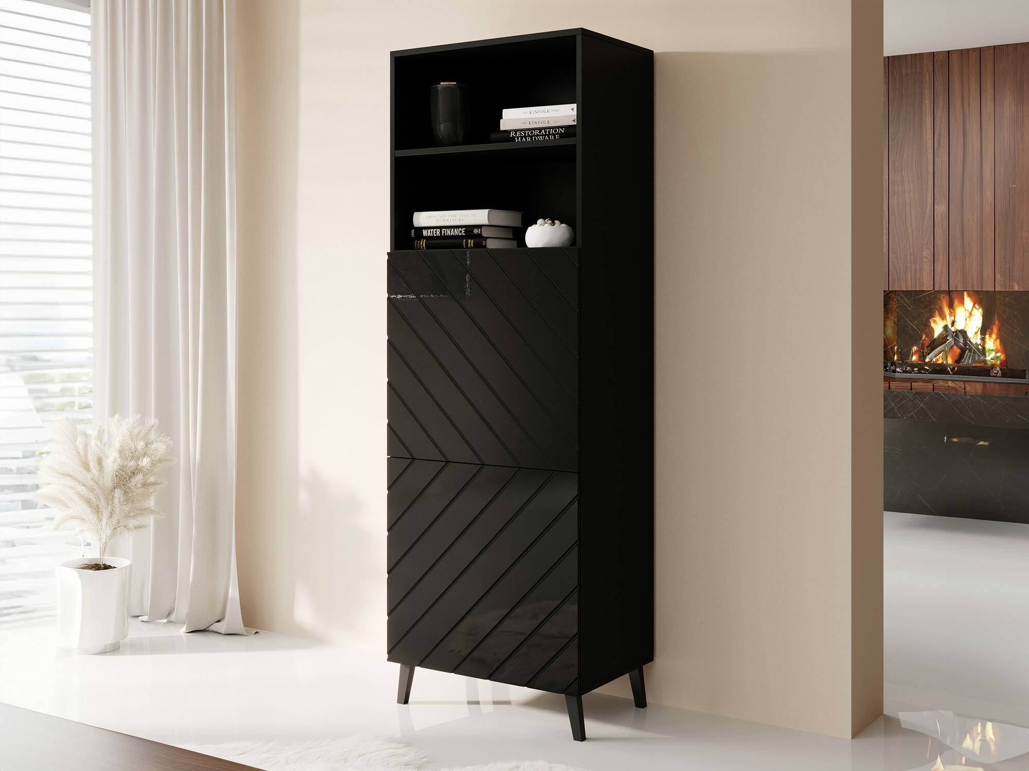 Boekenkast Charlotte 178 (Zwart + Glanzend zwart)