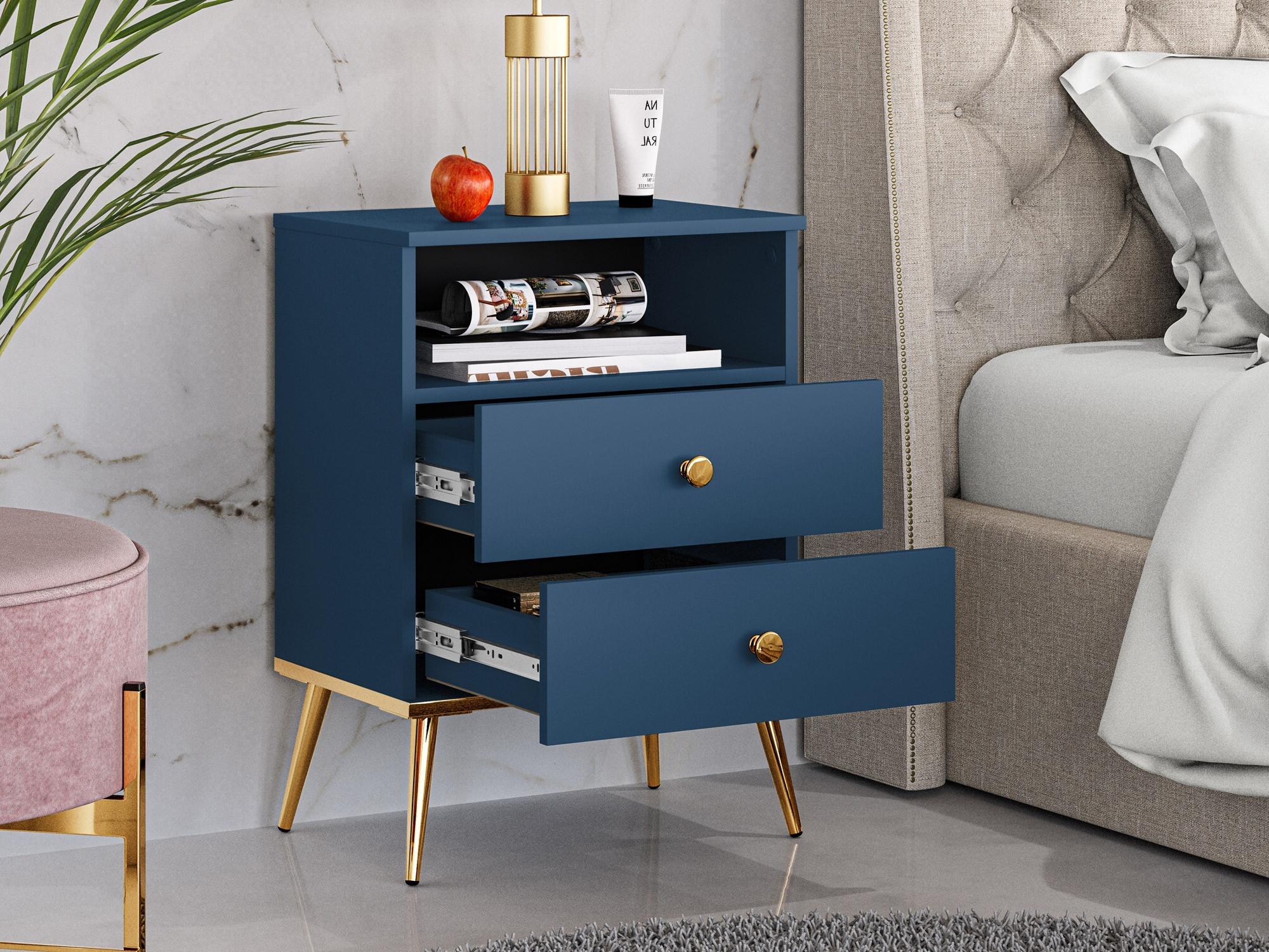 Nachtkastje Flonovu 111 (Donkerblauw + Gouden)