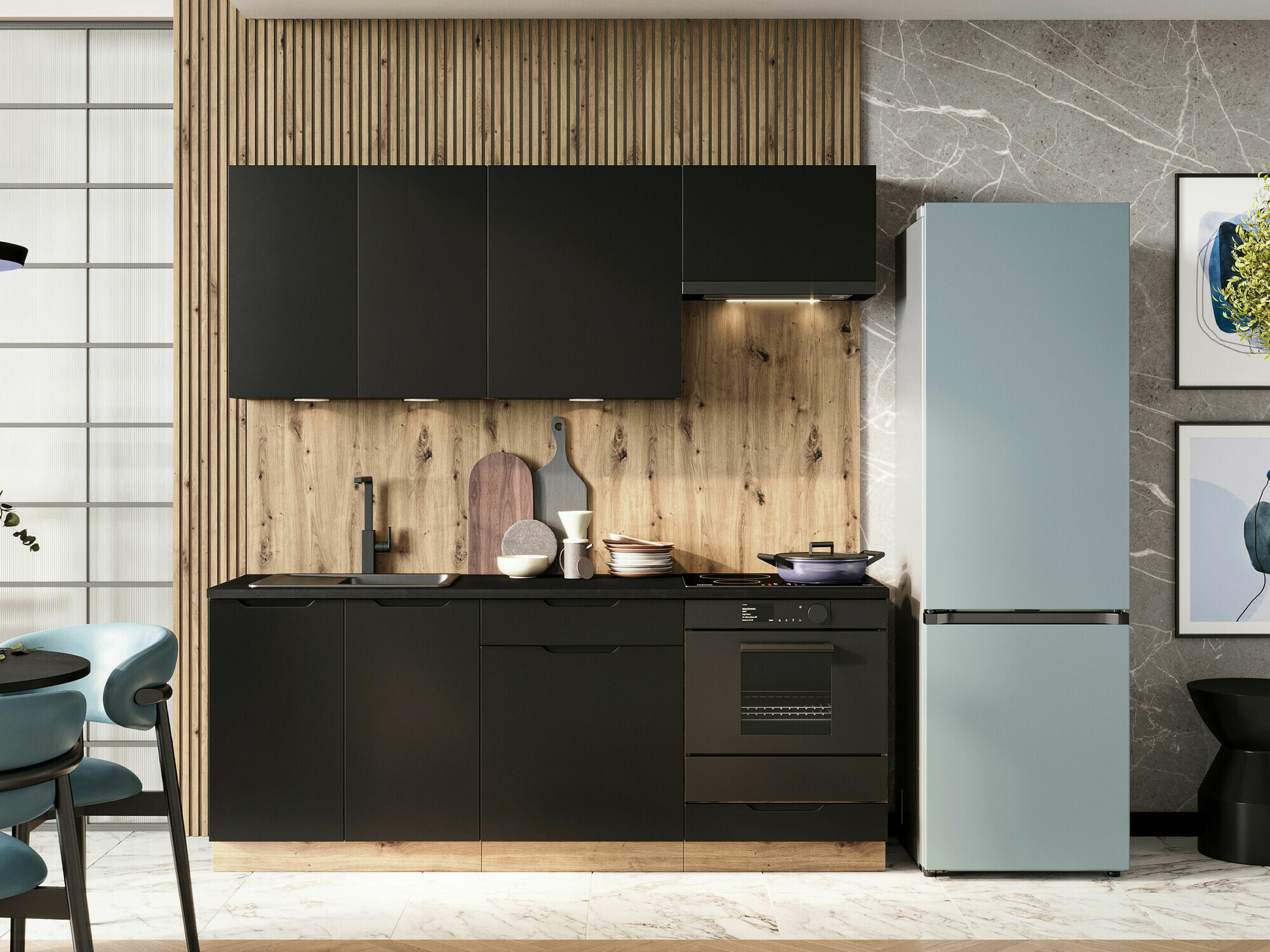 Keukenset Trenton 180 (Zwart + Artisan eiken)