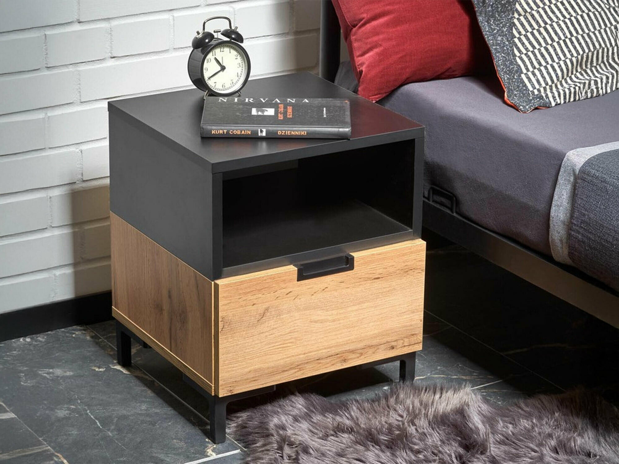 Nachtkastje Houston 1225 (Zwart + Wotan eik)