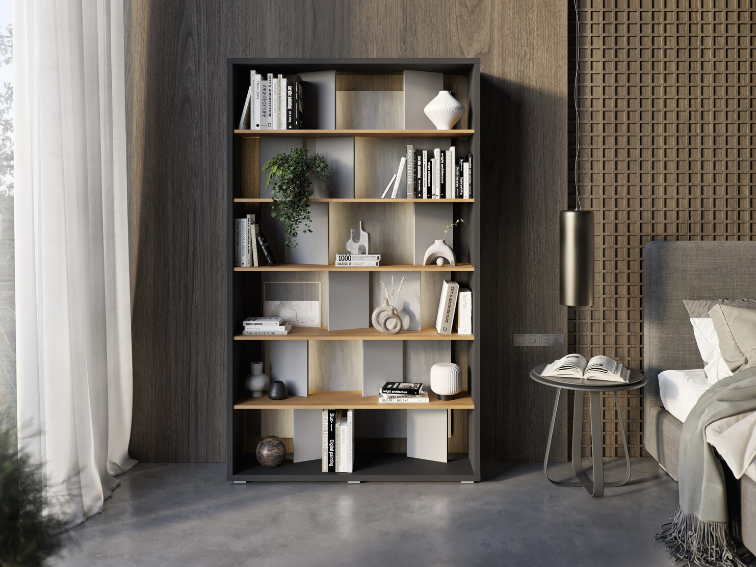 Boekenkast Fresno 154 (Grijs + Grafiet + Eiken)