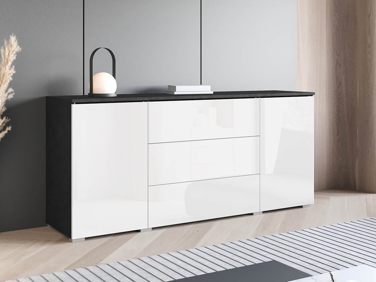 Ladekast Sarasota 142 (Matera grijs + Glanzend wit)