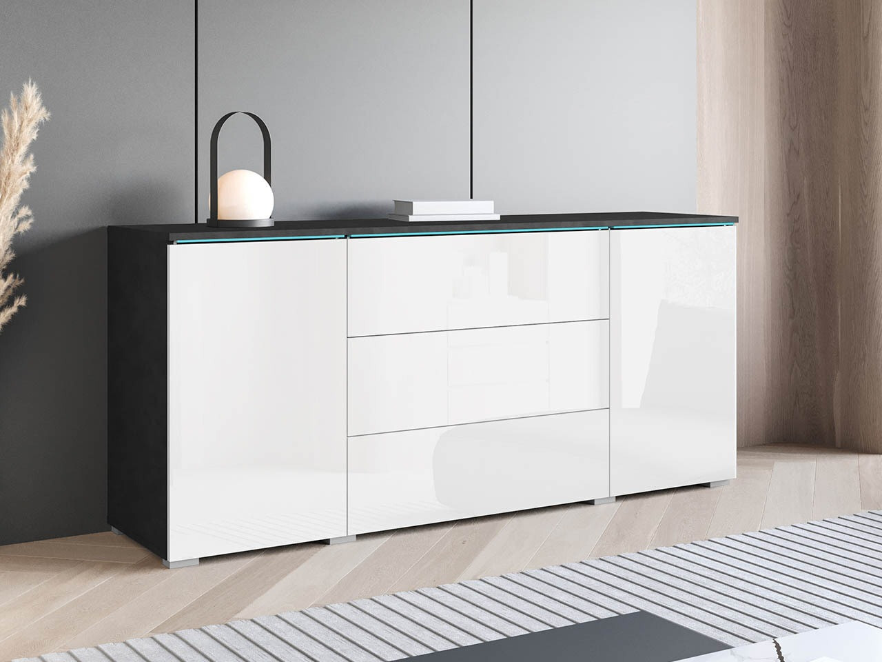 Ladekast Sarasota 142 (Matera grijs + Glanzend wit)