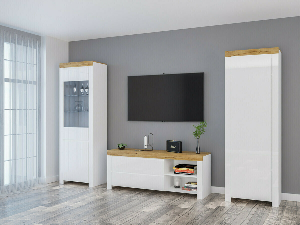 Boekenkast Sonsoru 104 (Wit + Glanzend wit + Wotan eik)