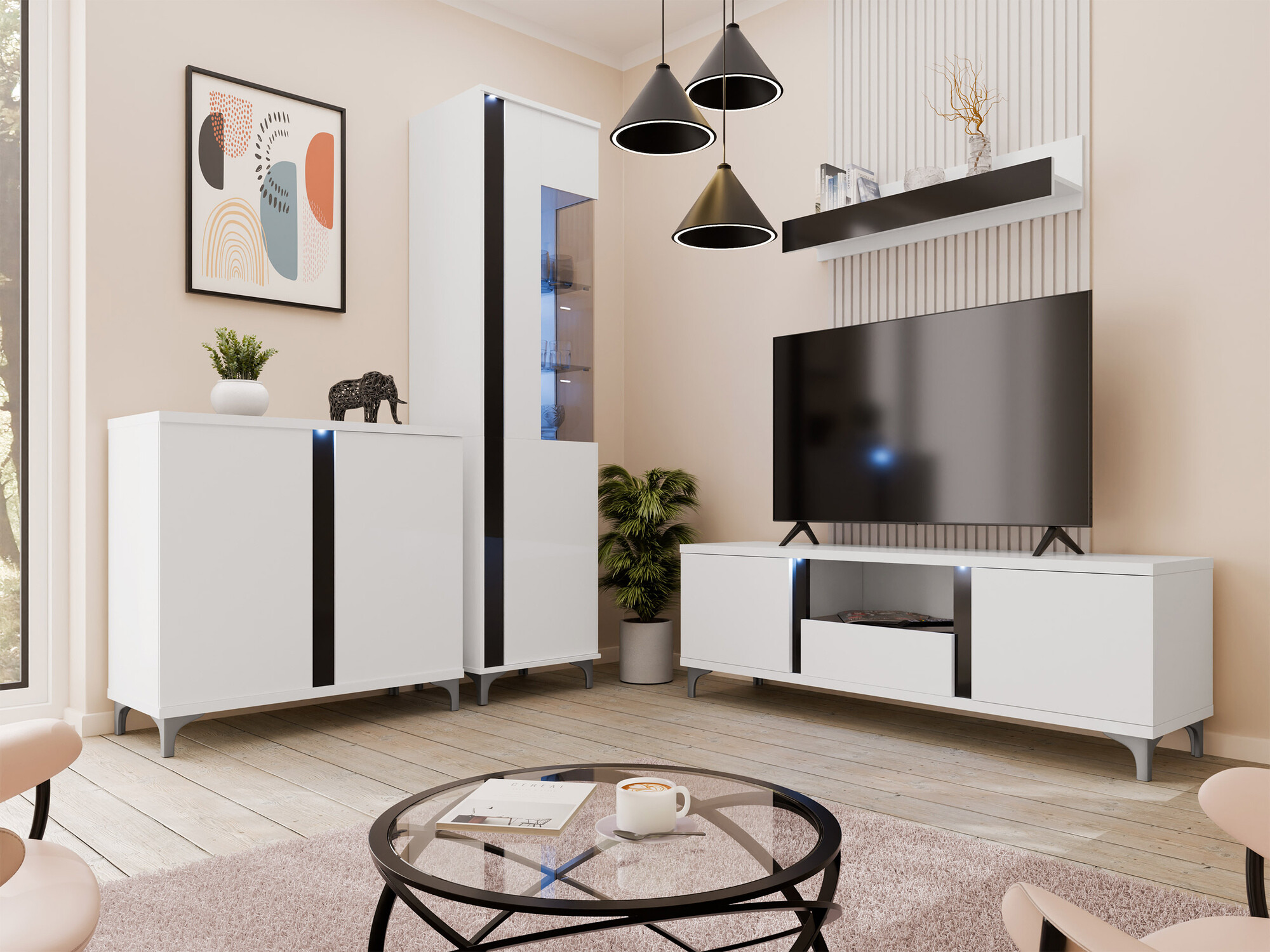 Dressoir Livseri 102 (Wit + Glanzend wit + Glanzend zwart)