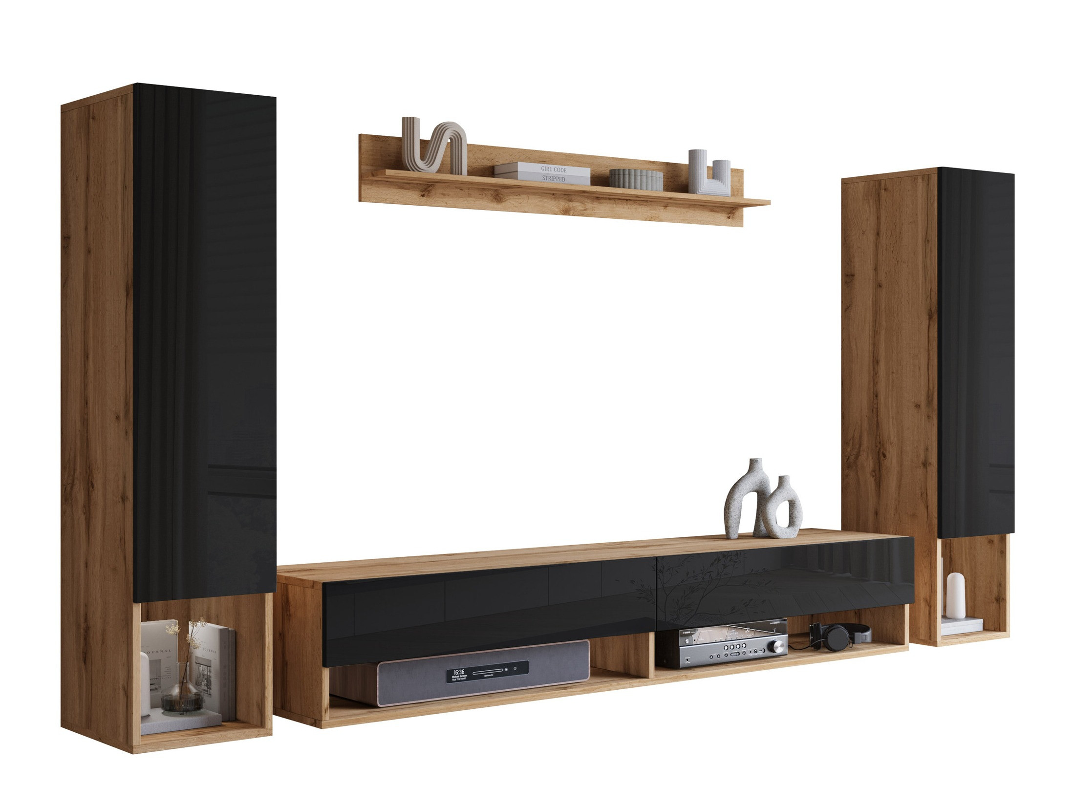 Woonkamerset Sarasota 176 (Wotan eik + Glanzend zwart)