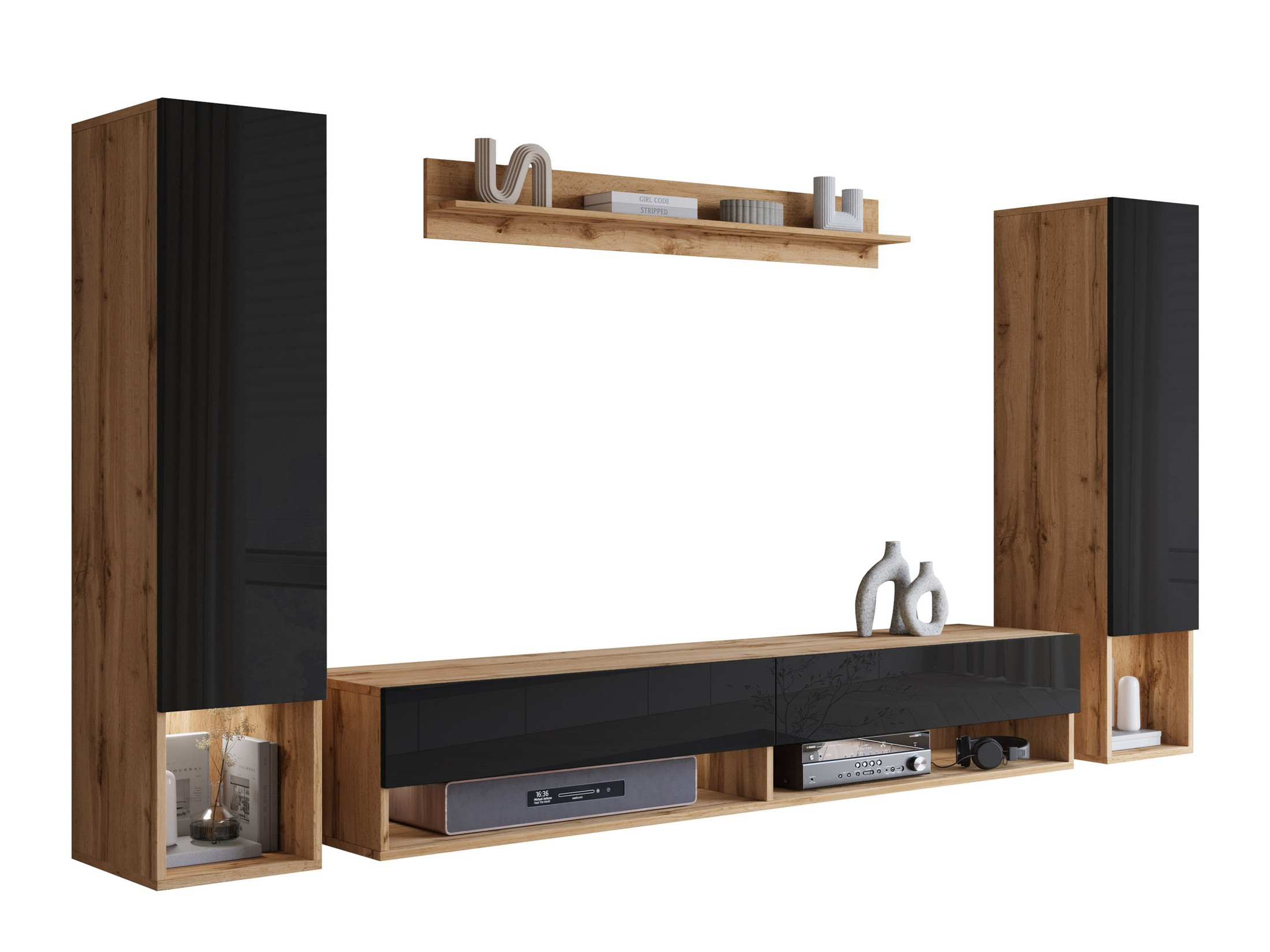 Woonkamerset Sarasota 176 (Wotan eik + Glanzend zwart)