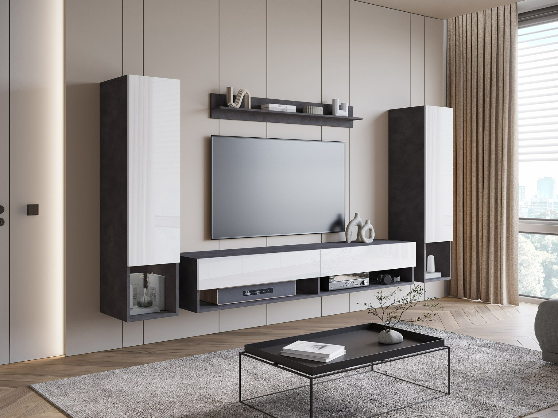 Woonkamerset Sarasota 176 (Matera grijs + Glanzend wit)