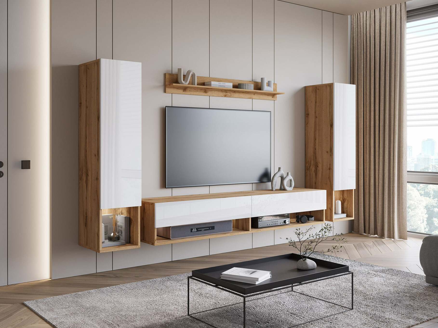 Woonkamerset Sarasota 176 (Wotan eik + Glanzend wit)