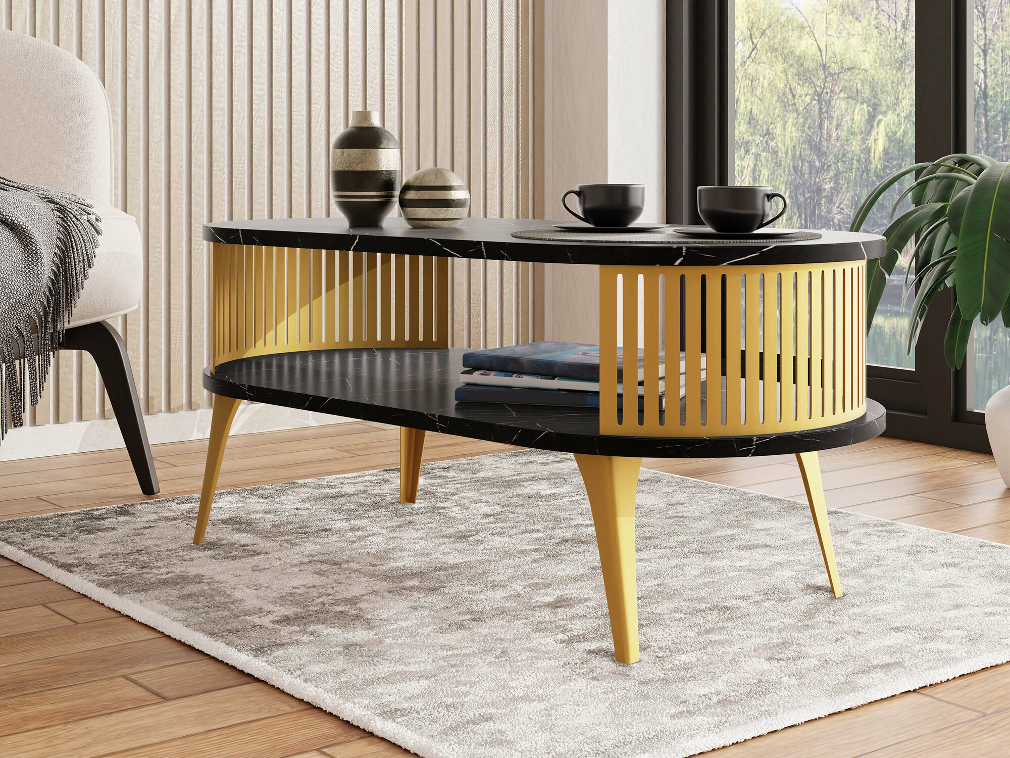 Salontafel Sordore 106 (Gouden + Zwart marmer)