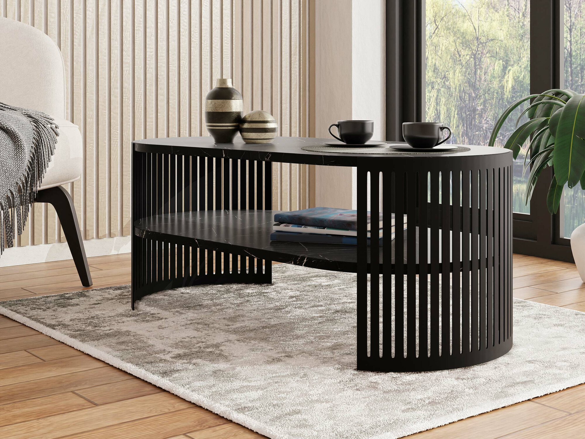 Salontafel Sordore 115 (Zwart + Zwart marmer)