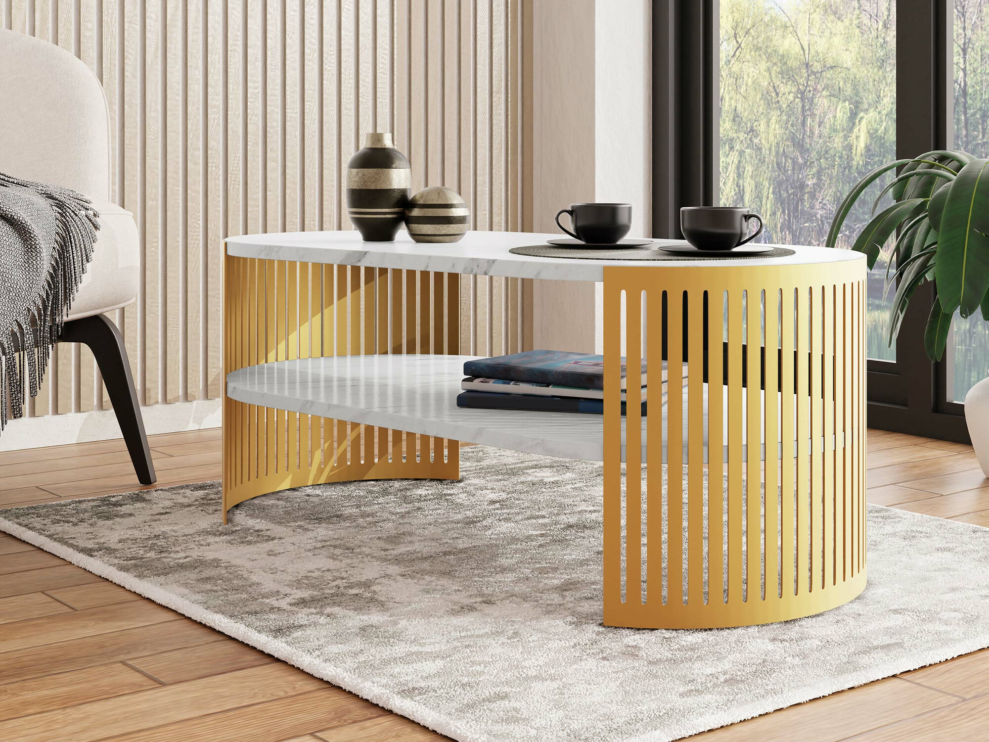 Salontafel Sordore 116 (Gouden + Wit marmer)