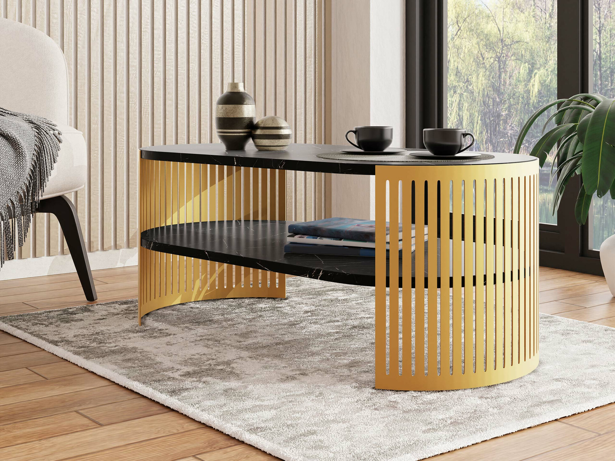 Salontafel Sordore 116 (Gouden + Zwart marmer)