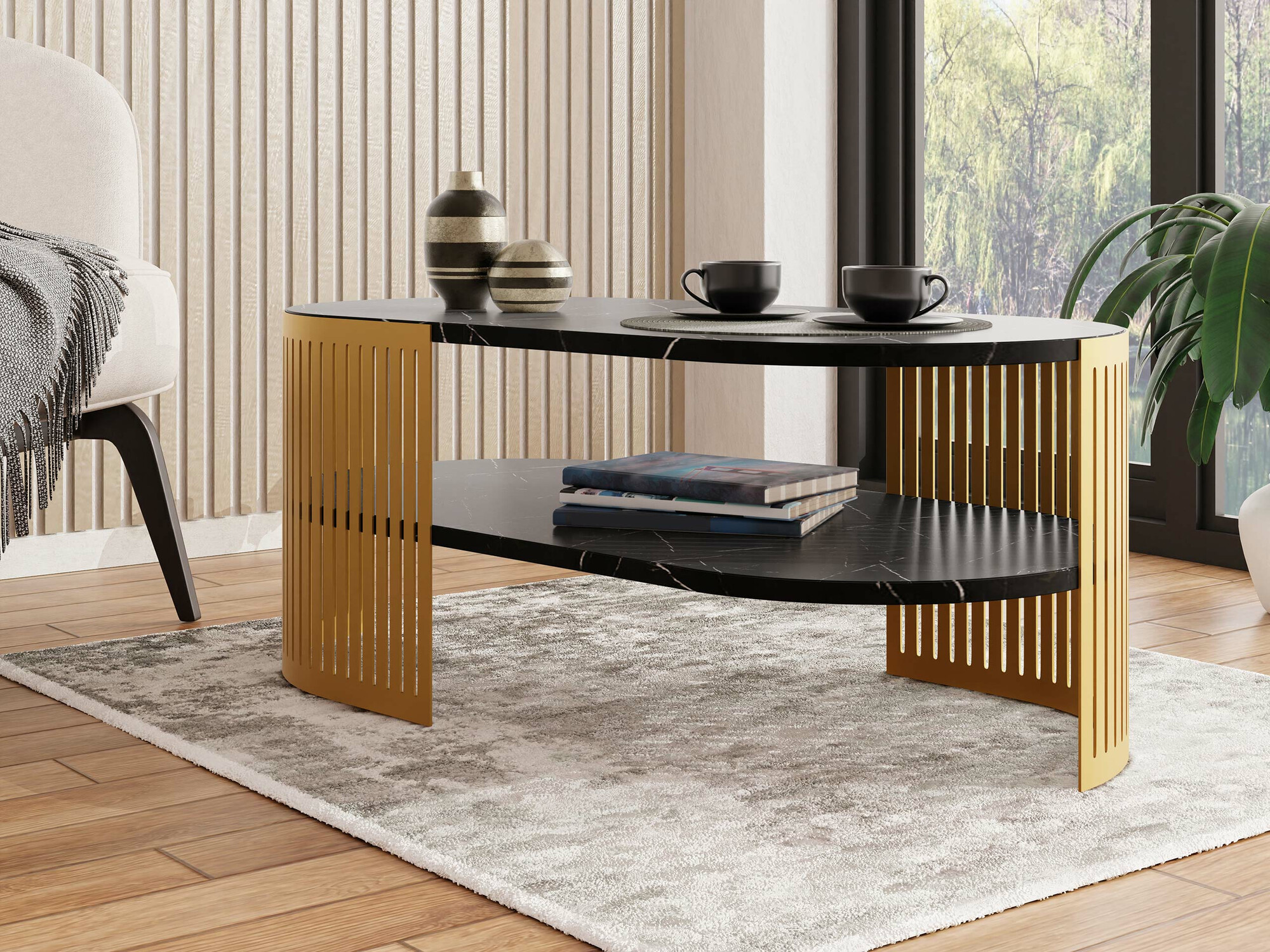 Salontafel Sordore 119 (Gouden + Zwart marmer)