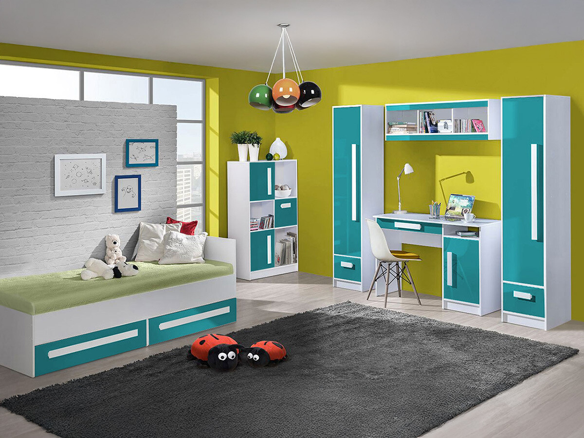 De reeks van de kinderkamer Merevari 108 (Wit + Glans Turquoise)